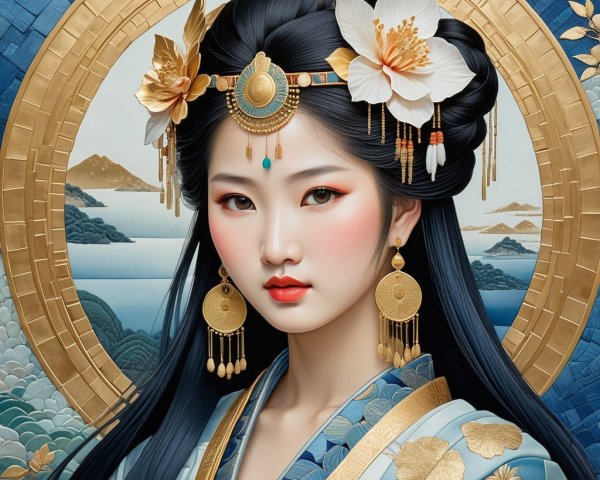 Serene Young Woman in Traditional Blue Garment with Blossoms