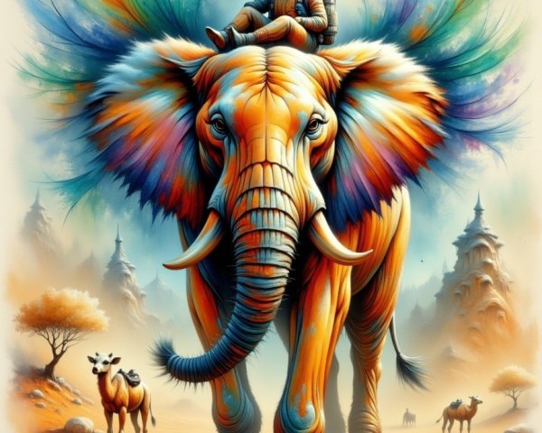 Astronaut on Elephant in Surreal Fantasy Landscape