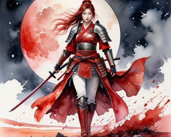 Fierce Female Warrior with Katana and Red Moon Background