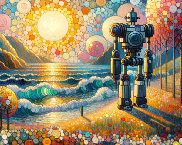 Stylized Robot on Beach with Vibrant Waves and Sun