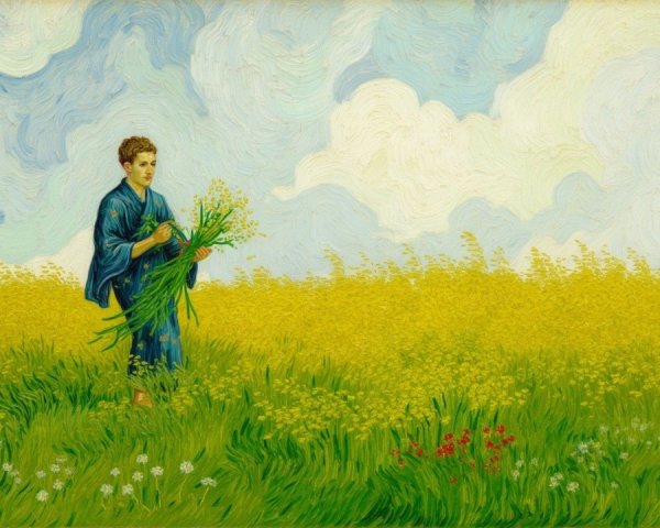 Young figure in blue kimono in vibrant flower field