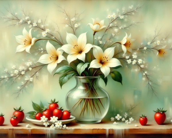 Still Life with White Lilies, Cherry Blossoms, and Strawberries