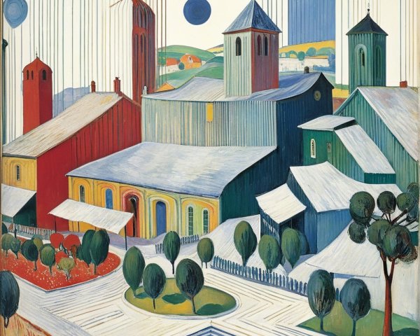 Colorful Village Scene with Geometric Shapes and Farms