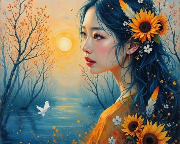Ethereal Young Woman with Blue Hair in Tranquil Landscape