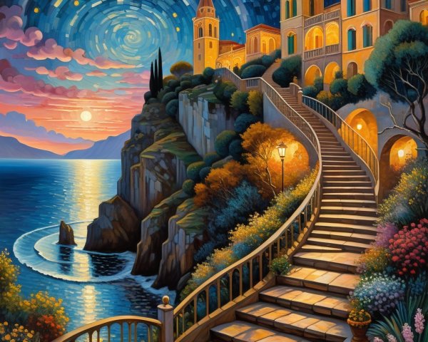 Coastal Twilight Scene with Stone Staircase and Sunset