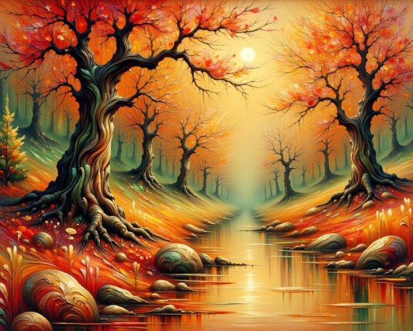 Vibrant Autumn Landscape with Twisted Trees and Stream
