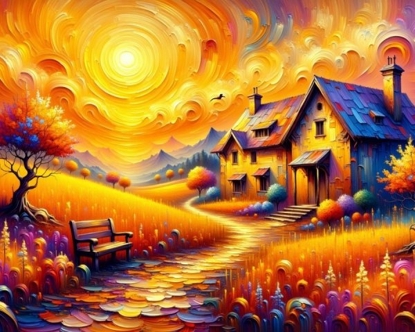 Vibrant Whimsical Landscape with Charming House and Trees