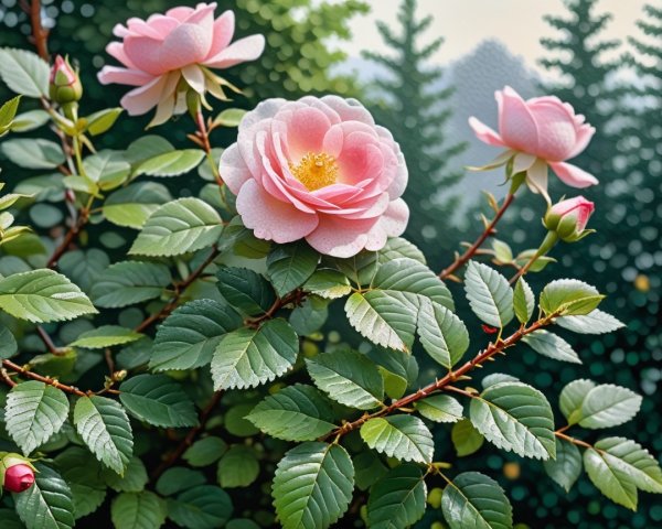 Cluster of Pink Roses with Green Leaves and Buds