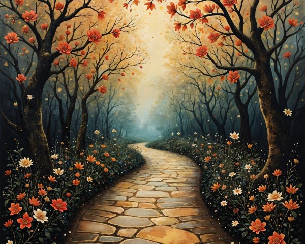 Enchanting Forest Path with Vibrant Autumn Foliage