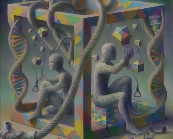 Surreal 3D Scene with Figures in Geometric Cage