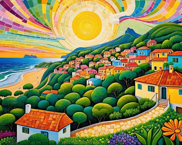 Vibrant Coastal Village Landscape with Colorful Houses