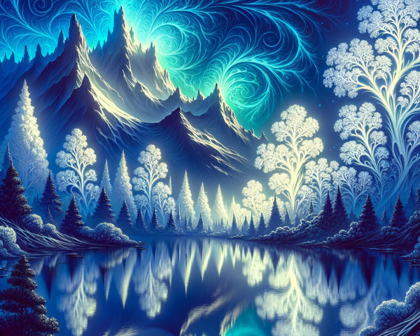 Surreal Landscape with Majestic Mountains and Lake