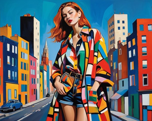 Stylish Woman in Colorful Cityscape with Vintage Car