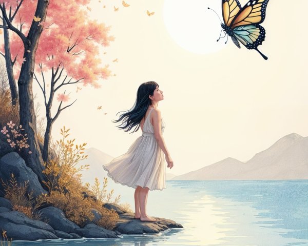 Serene lakeside scene with a girl and butterfly