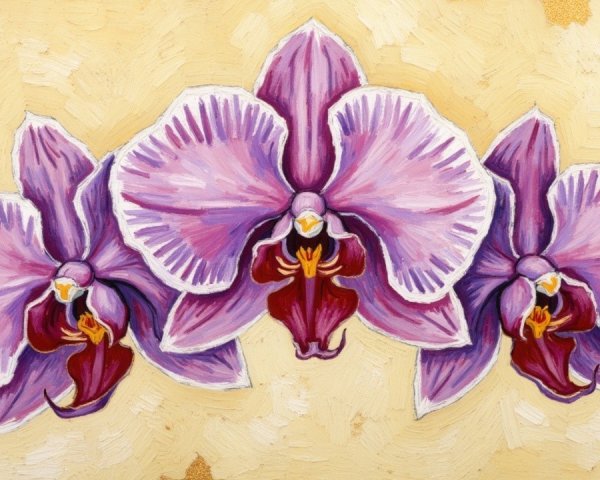 Vibrant Painting of Three Purple Orchids on Gold