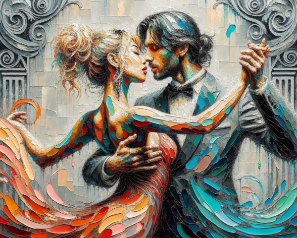 Vibrant Painting of a Romantic Dance Between a Couple