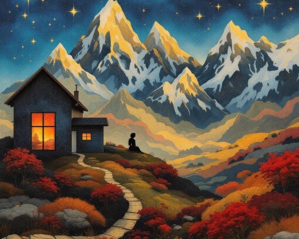 Cozy House in Autumn Foliage Under Starlit Sky