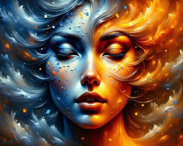 Ethereal face with flowing hair in abstract colors