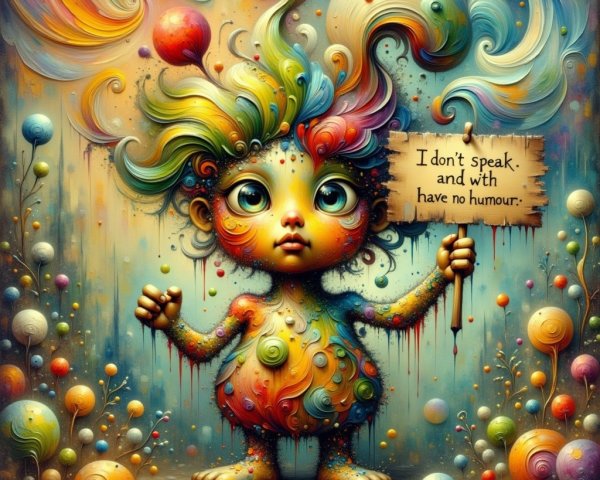 Whimsical Creature with Colorful Mane and Sign