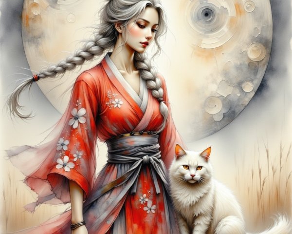 Young Woman in Red Kimono with White Cat and Glow
