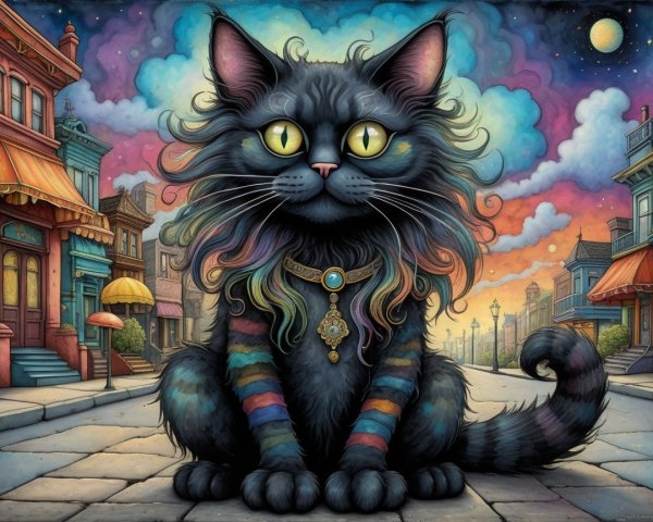 Whimsical Black Cat with Rainbow Fur in Town Setting