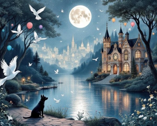Serene Night Scene with Dog, Castle, and Balloons