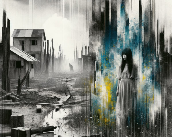 Desolate Landscape with Abandoned Structures and Figure