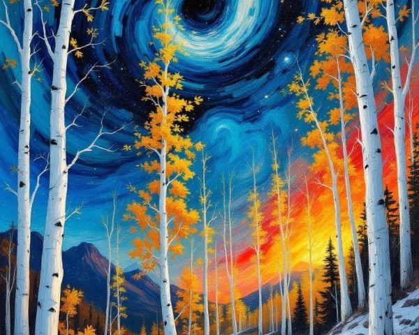 Vibrant autumn landscape with swirling galaxy sky