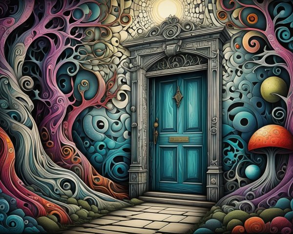 Whimsical Scene with Colorful Door and Vibrant Nature