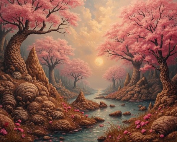 Tranquil Stream and Cherry Blossoms in Sunset Valley
