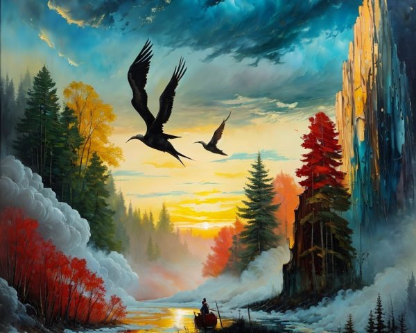 Tranquil River and Autumn Forest Landscape Scene