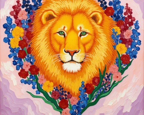 Vibrant Lion's Face Surrounded by Colorful Flowers