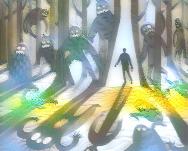 Mystical Forest Scene with Shadowy Creatures and Light