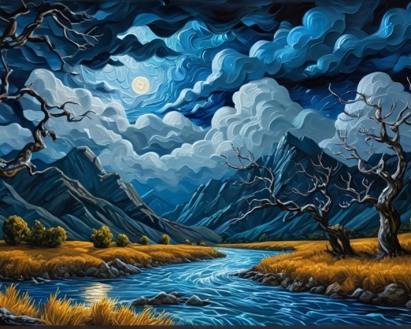 Moonlit Landscape with Mountains and Winding River