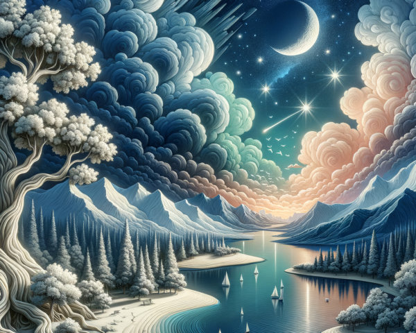 Majestic Mountains and Starlit Sky Landscape Scene