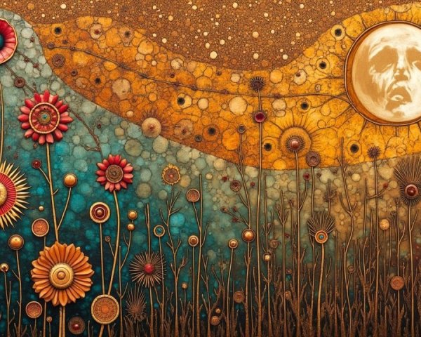 Vibrant landscape with stylized flowers and golden moon