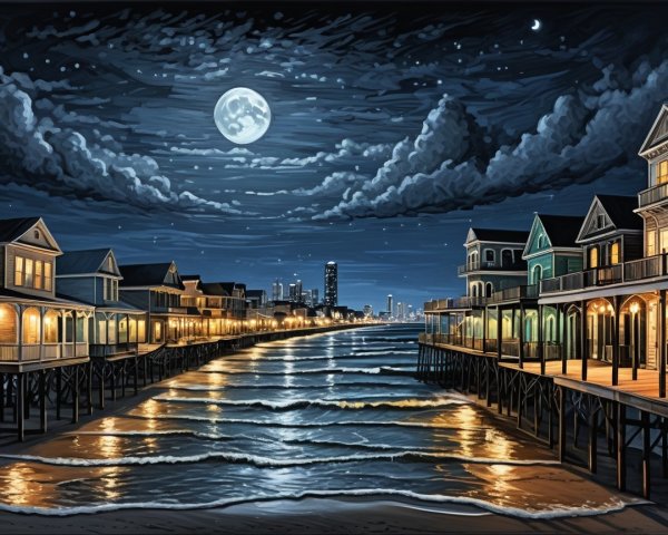 Serene Night Ocean Scene with Stilt Houses and Moonlight