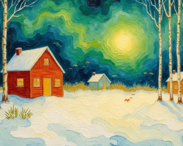 Serene Winter Landscape with Rustic Cabins and Snow