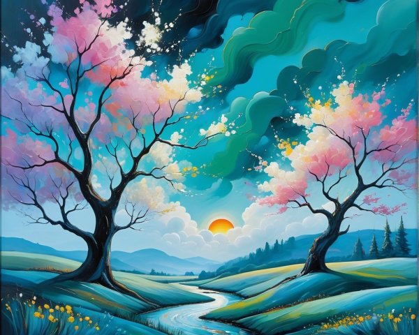 Cherry Blossom Trees by a Winding River at Sunset