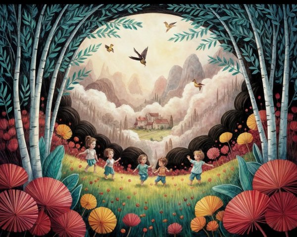 Children Exploring a Colorful Flower Field Landscape