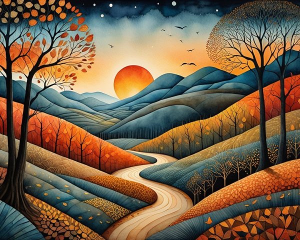 Vibrant Autumn Landscape with Rolling Hills and River