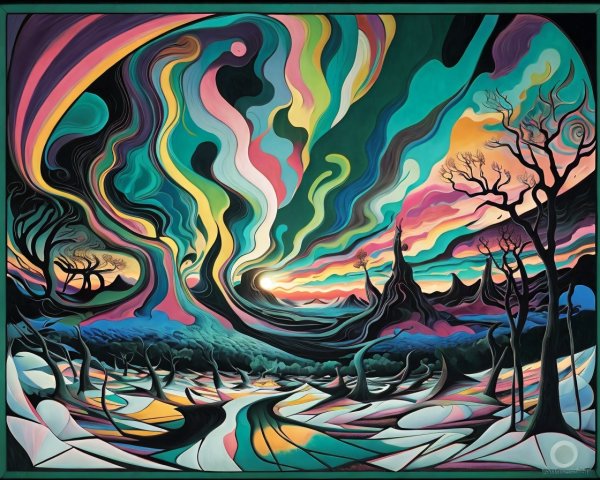 Vibrant Abstract Landscape with Swirling Colors and Patterns