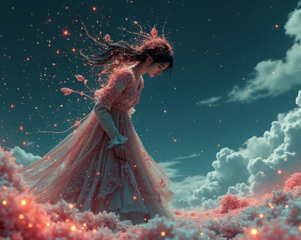 Young woman in gown amidst surreal pink blossoms