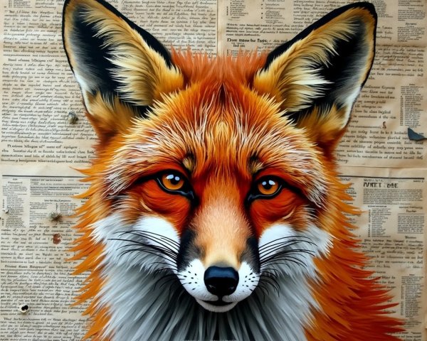 Detailed Illustration of a Fox's Face on Newspaper Background