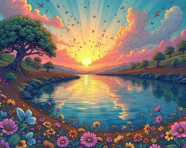 Vibrant Landscape with River and Colorful Sunset Sky