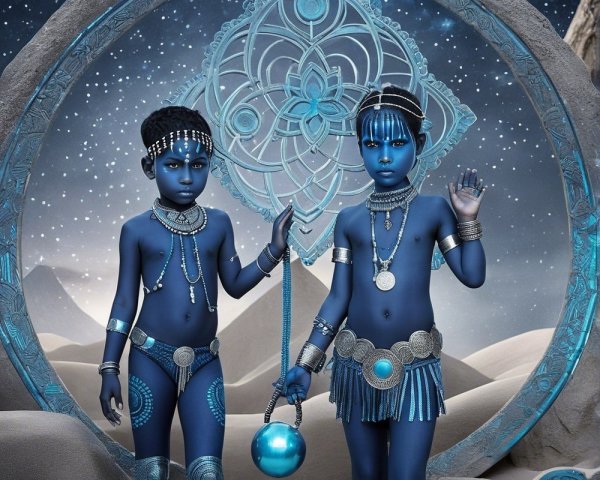 Children in Fantasy Setting with Blue Tones and Jewelry