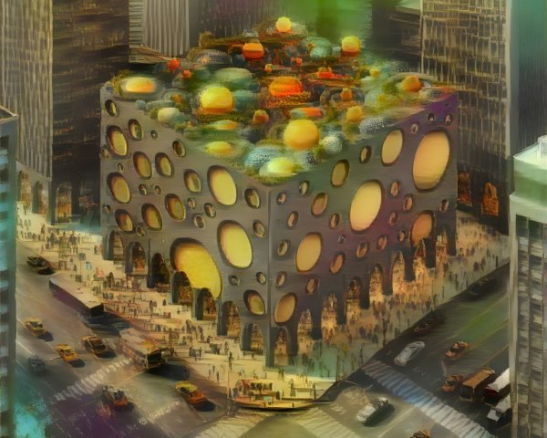 Futuristic Urban Scene with Cube-Shaped Building