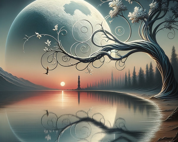 Surreal Landscape with Moon, Lake, and Lighthouse