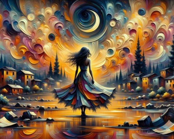 Woman in Colorful Dress by Tranquil Water's Edge