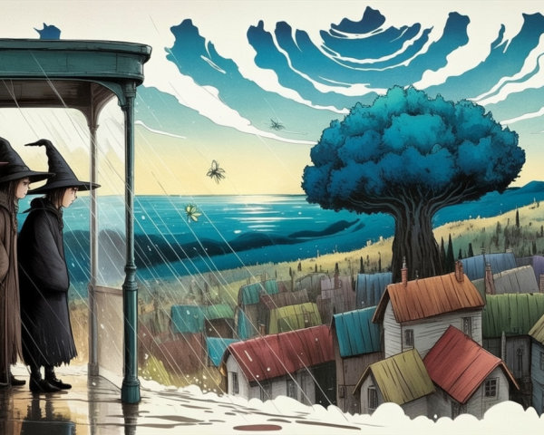 Whimsical Landscape with Cloaked Figures and Village View